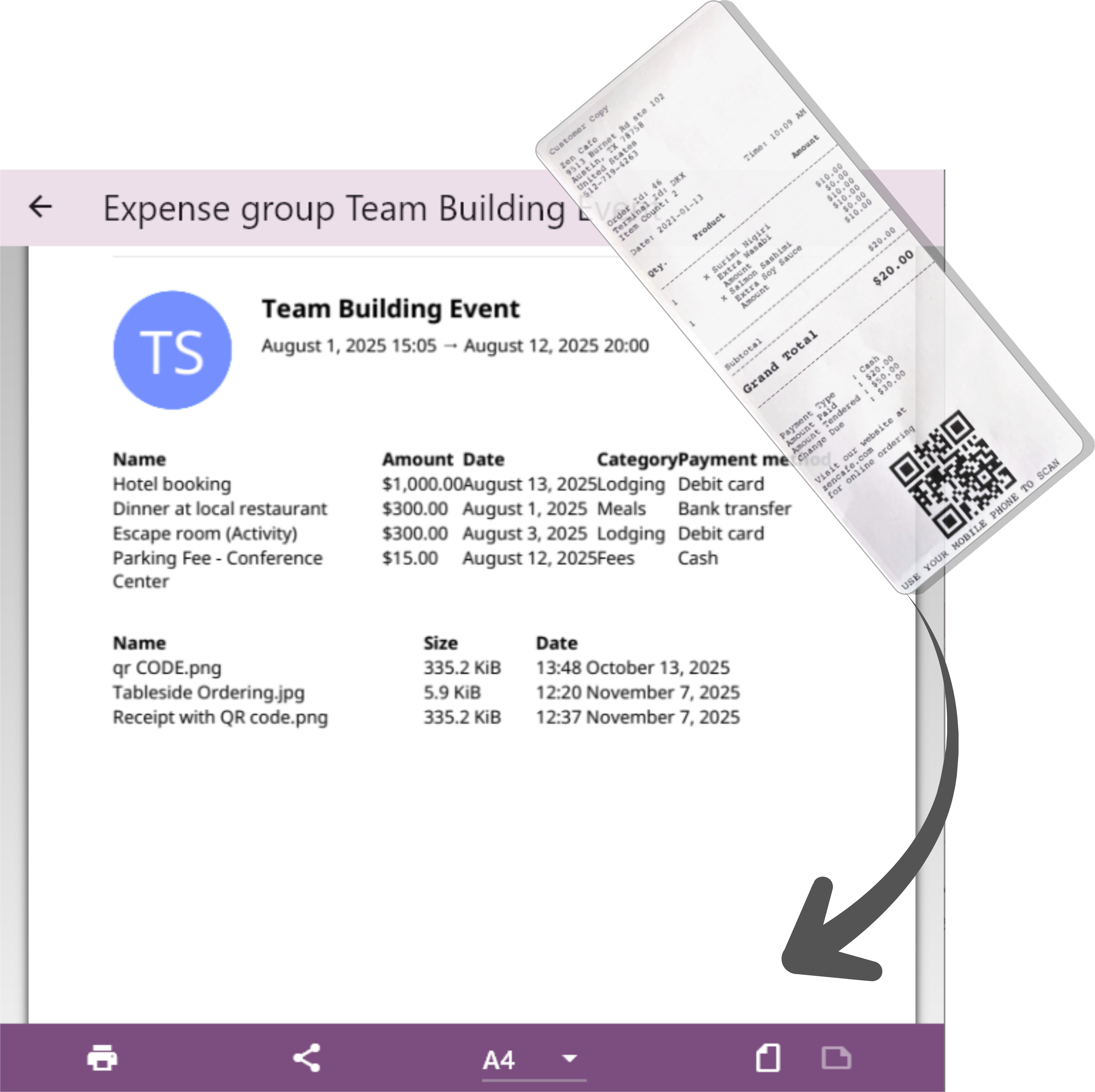 Screen with receipt beind added to expenses