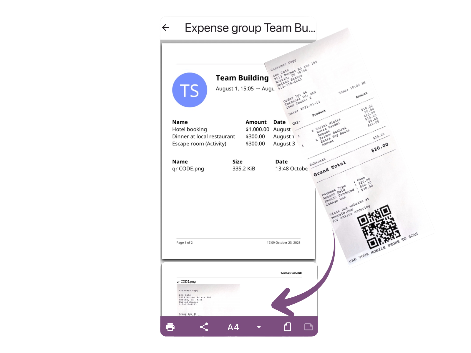 Screen with receipt beind added to expenses