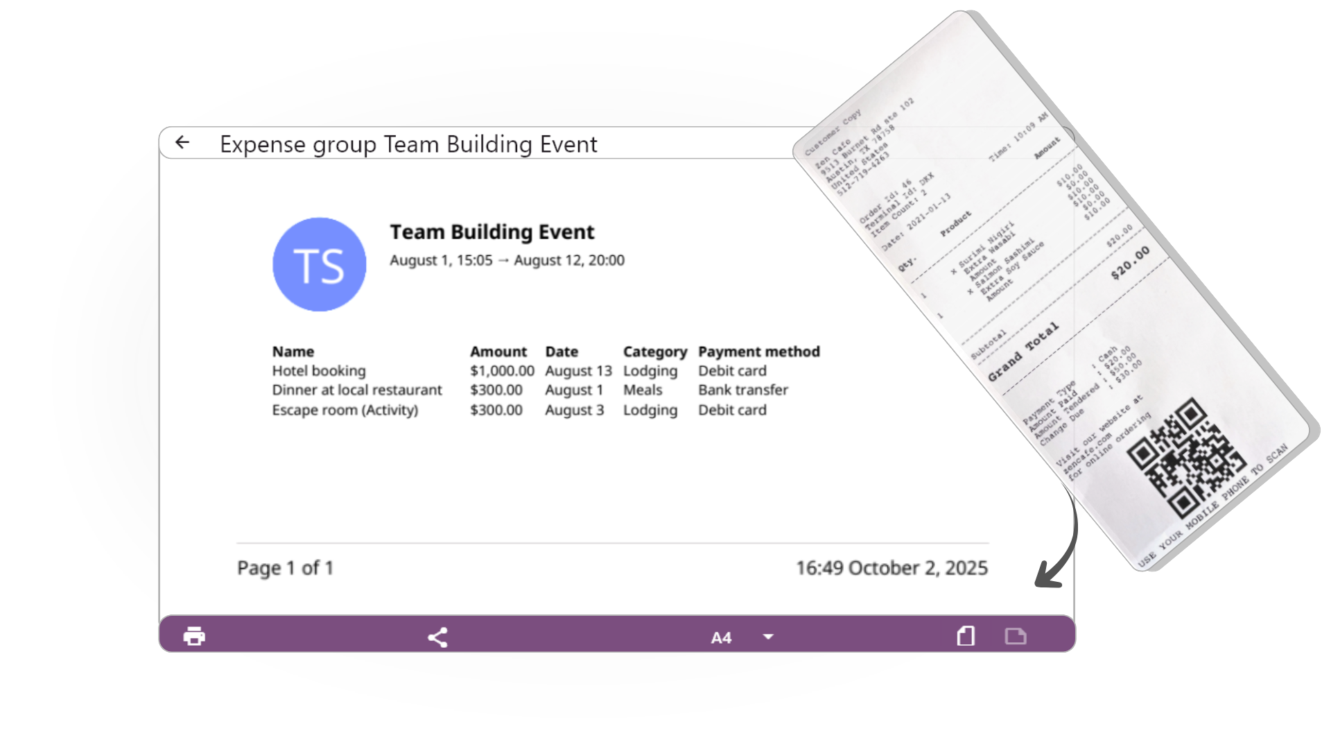 Screen with receipt beind added to expenses