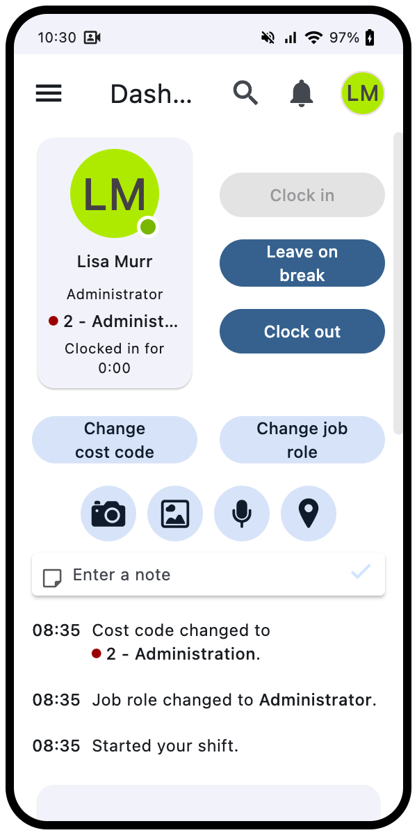 Screenshot of Current Timesheets smartphone app with dashboard displayed
